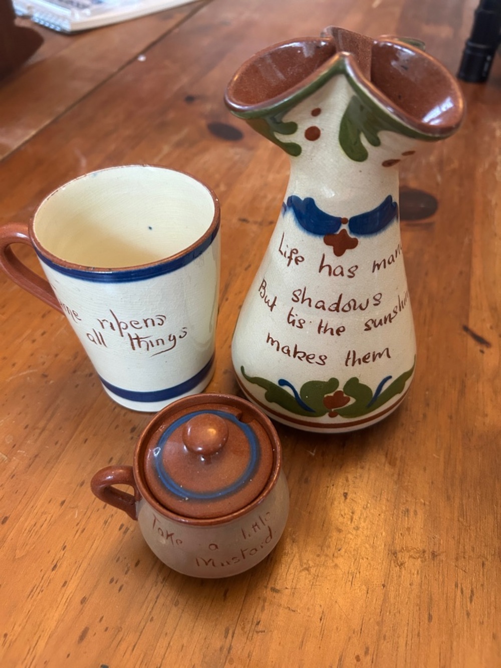 Hand-Painted Ceramic Vase, Mug & Mini Jar - Cream with Brown & Blue Accents
